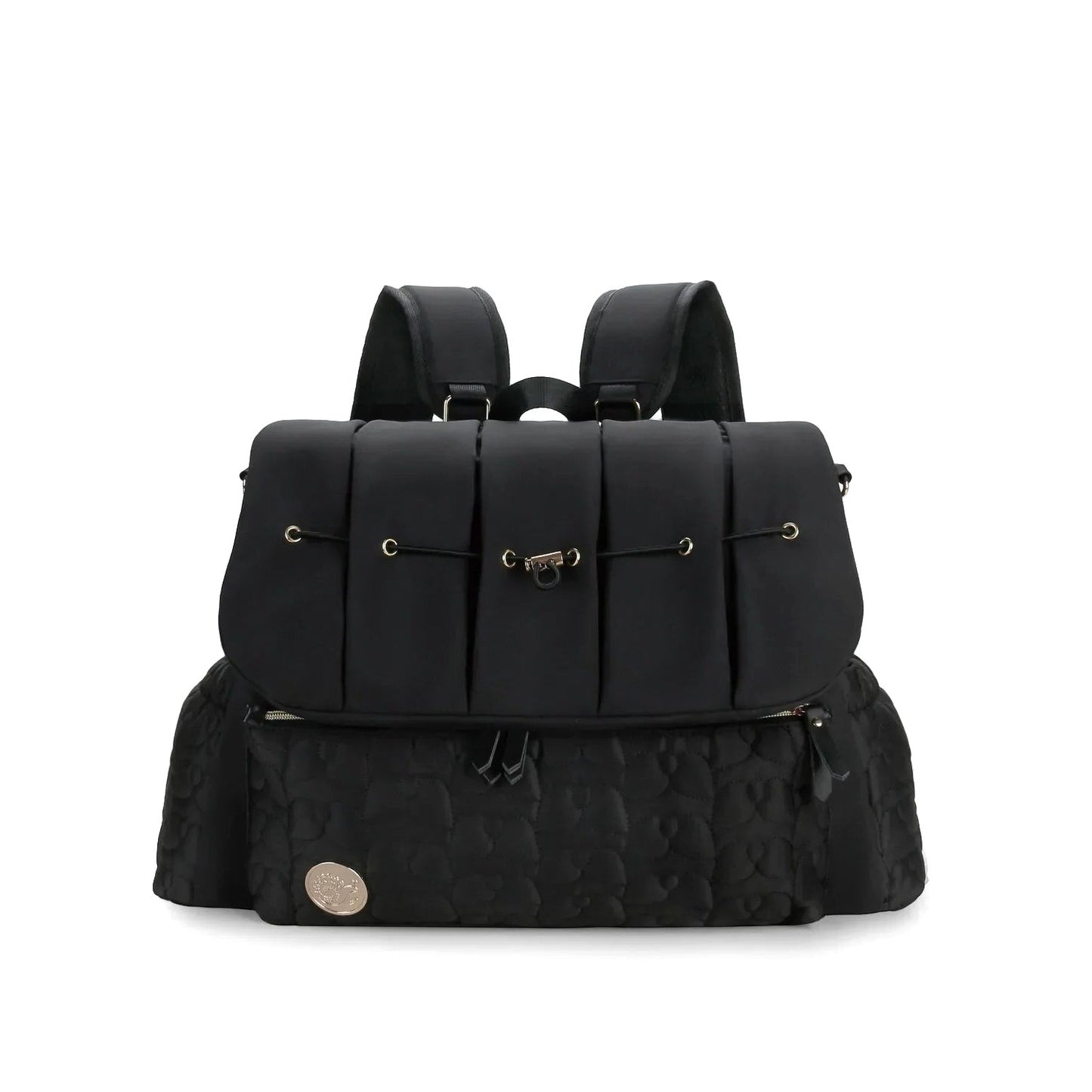 A black Cloudscape Diaper Backpack with organized storage and convertible design, shown from the front in a closed position, featuring a quilted bottom pocket.