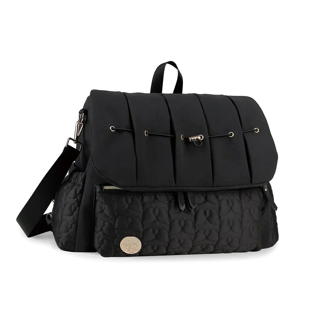 Cloudscape Diaper Backpack with Organized Storage and Convertible Design in black, shown from the front with a quilted pattern on the lower pocket and gold hardware.