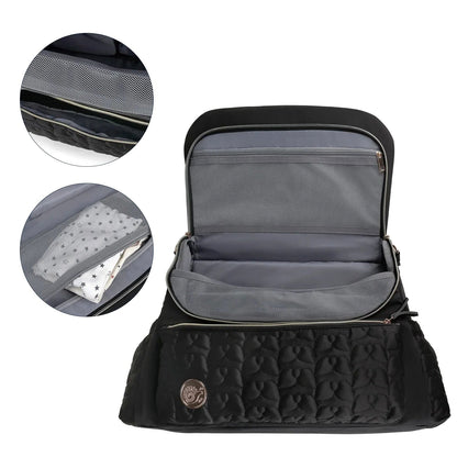 Cloudscape Diaper Backpack with Organized Storage and Convertible Design in black, open to reveal multiple interior compartments and mesh pockets, with close-ups of the organized storage.