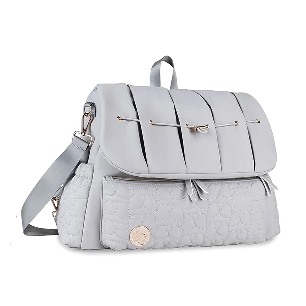 Cloudscape Diaper Backpack with Organized Storage and Convertible Design in gray, shown from the front with a quilted pattern on the lower pocket and gold hardware.