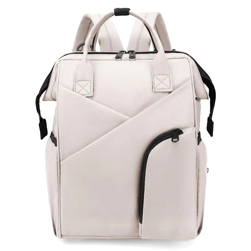Cloudscape Modern Diaper Backpack in beige, front view. Features large capacity, stylish design, multiple pockets, top handles, adjustable shoulder straps, zippered front compartment. Ideal versatile baby bag for parents.