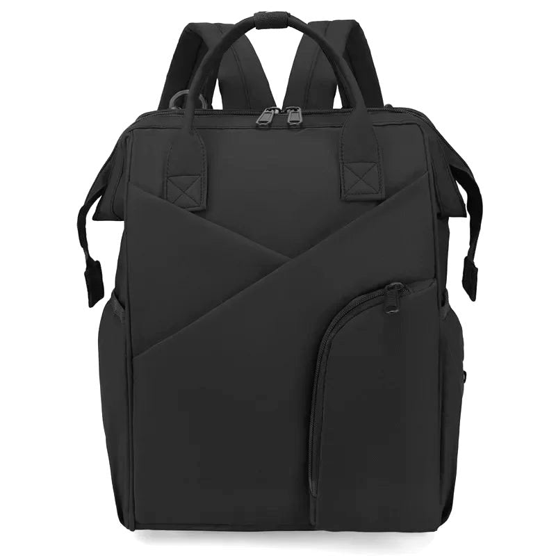 Cloudscape Modern Diaper Backpack in black, front view, showcasing its large capacity storage, stylish design, and multiple pockets for parents.