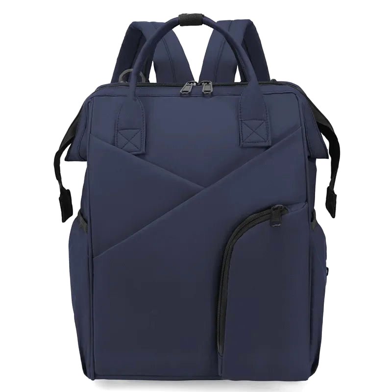 Cloudscape Modern Diaper Backpack in navy blue, front view, highlighting its versatile design, large storage capacity, and functional compartments.