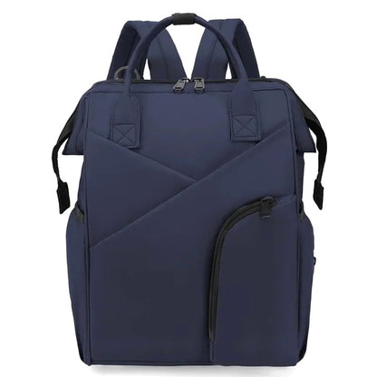 Cloudscape Modern Diaper Backpack in navy blue, front view, highlighting its versatile design, large storage capacity, and functional compartments.