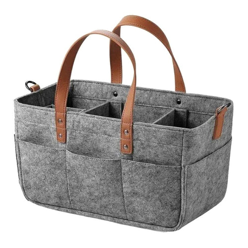 Gray Cloudscape Diaper Tote Bag made of structured felt with brown leather handles, featuring multiple internal compartments and external pockets, shown on a white background.