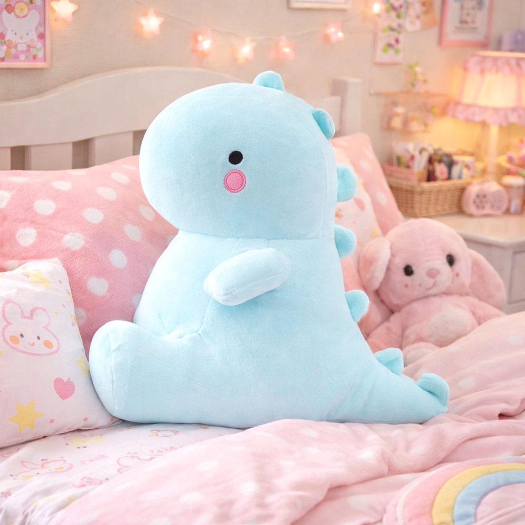 A cute light blue "Tato" dinosaur plush toy with small black eyes and pink cheeks, sitting on a pink bed with patterned pillows. A smaller pink plush toy is in the background.