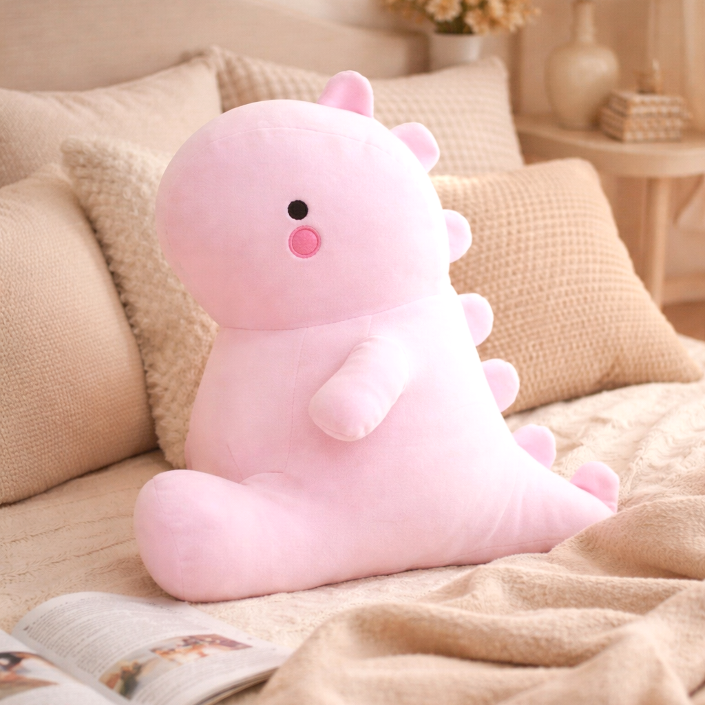 A cute light pink "Tate" dinosaur plush toy with small black eyes and pink cheeks, sitting on a beige bed with textured pillows and an open book in the foreground.