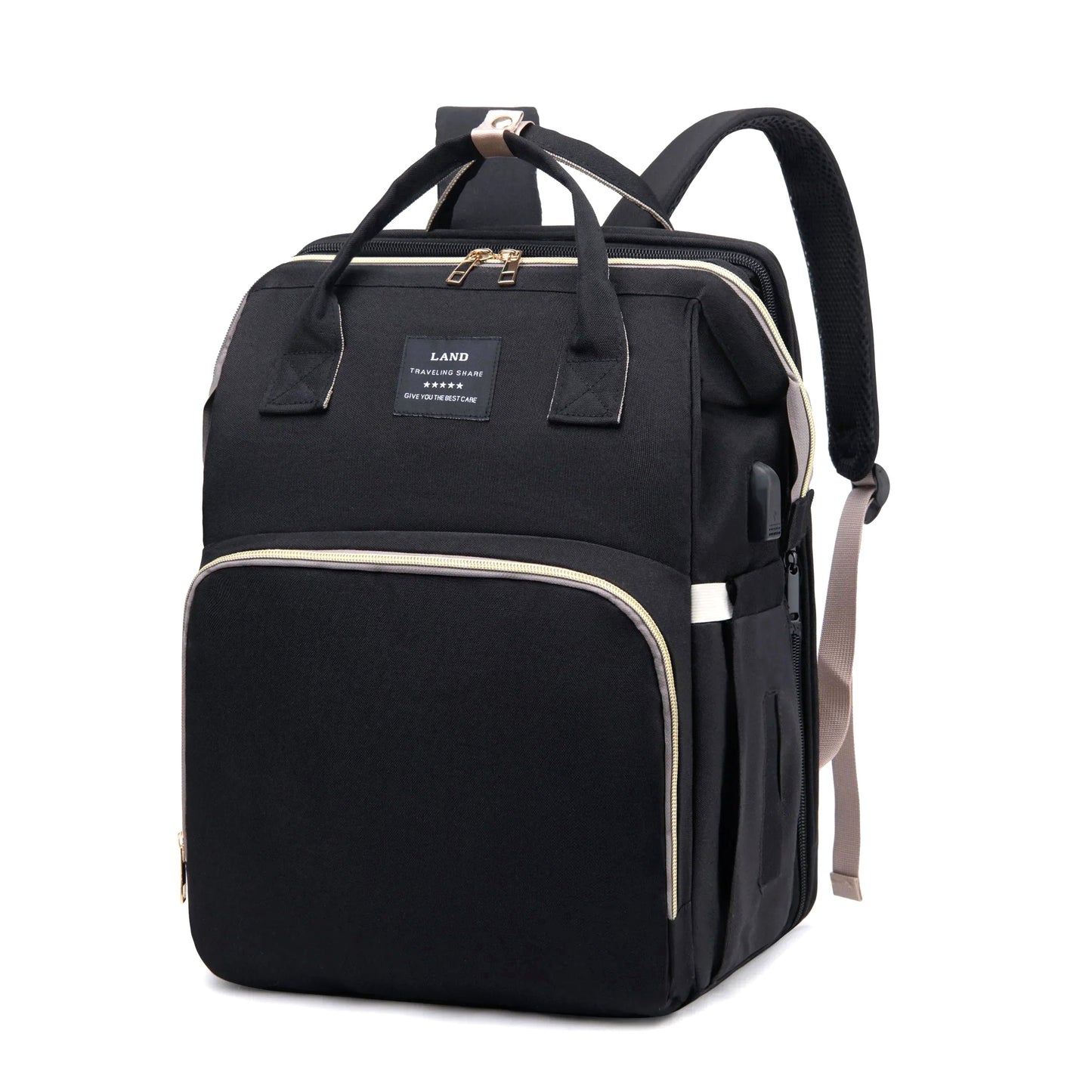 Front view of the black Nimbus Tote Diaper Backpack, angled to show its spacious design, multiple pockets, durable fabric, and comfortable shoulder straps. Ideal for organized storage of baby essentials.