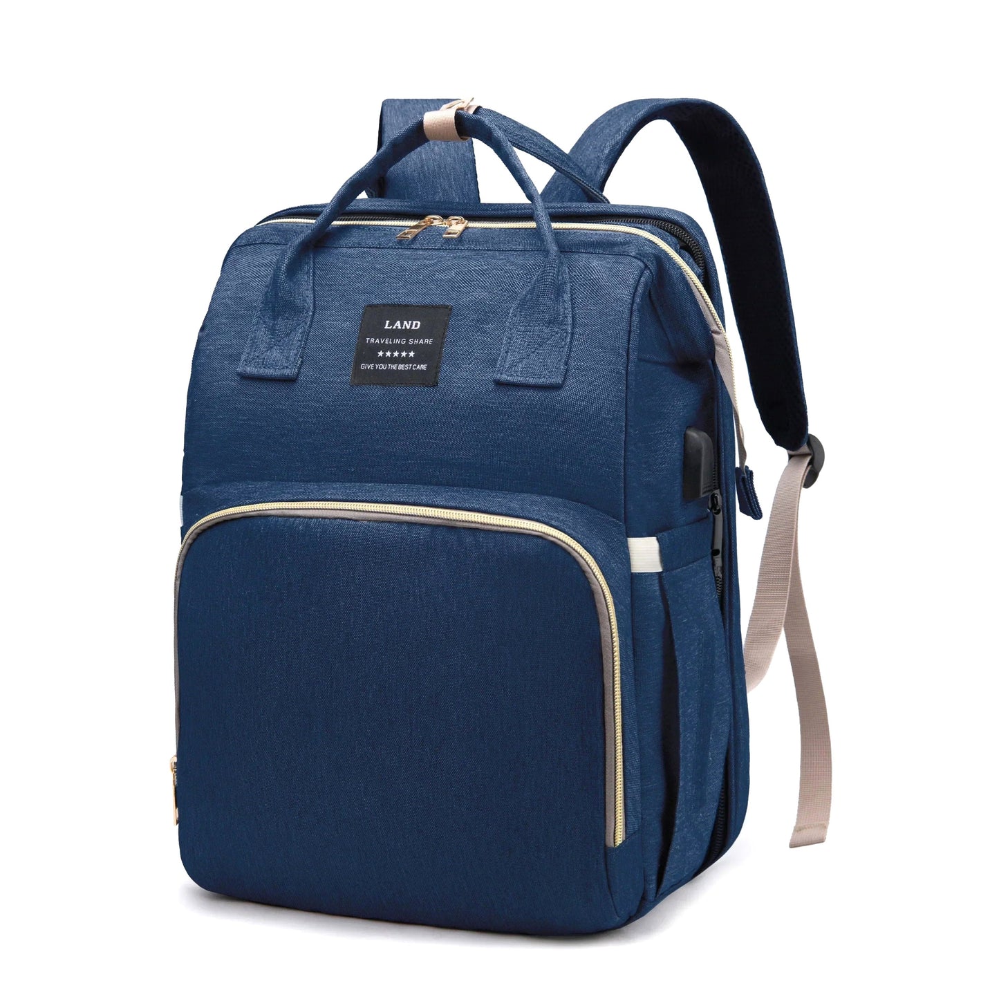 Front view of the blue Nimbus Tote Diaper Backpack, angled to highlight its organized storage, durable fabric, and multi-functional design. Features include spacious compartments and comfortable straps.
