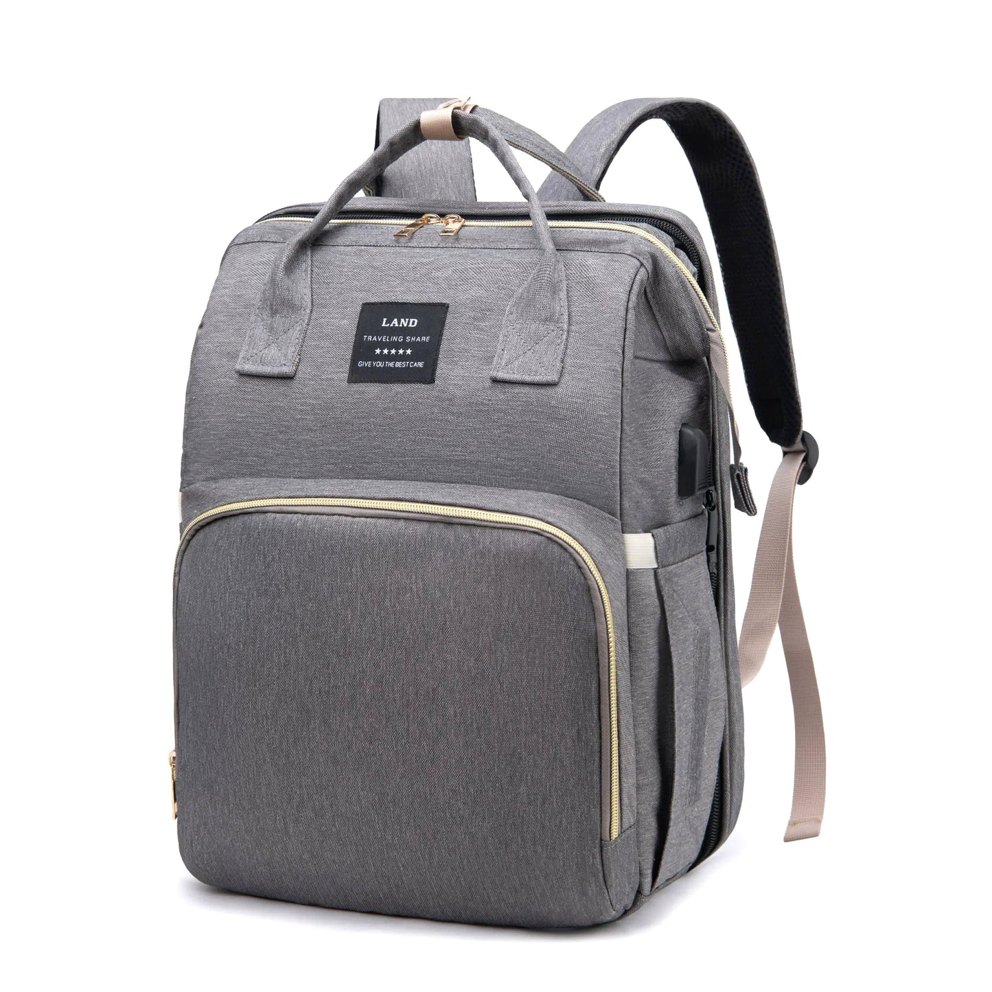 Front view of the gray Nimbus Tote Diaper Backpack, angled to display its practical features, organized storage, and durable fabric. A stylish and travel-friendly bag for baby essentials.