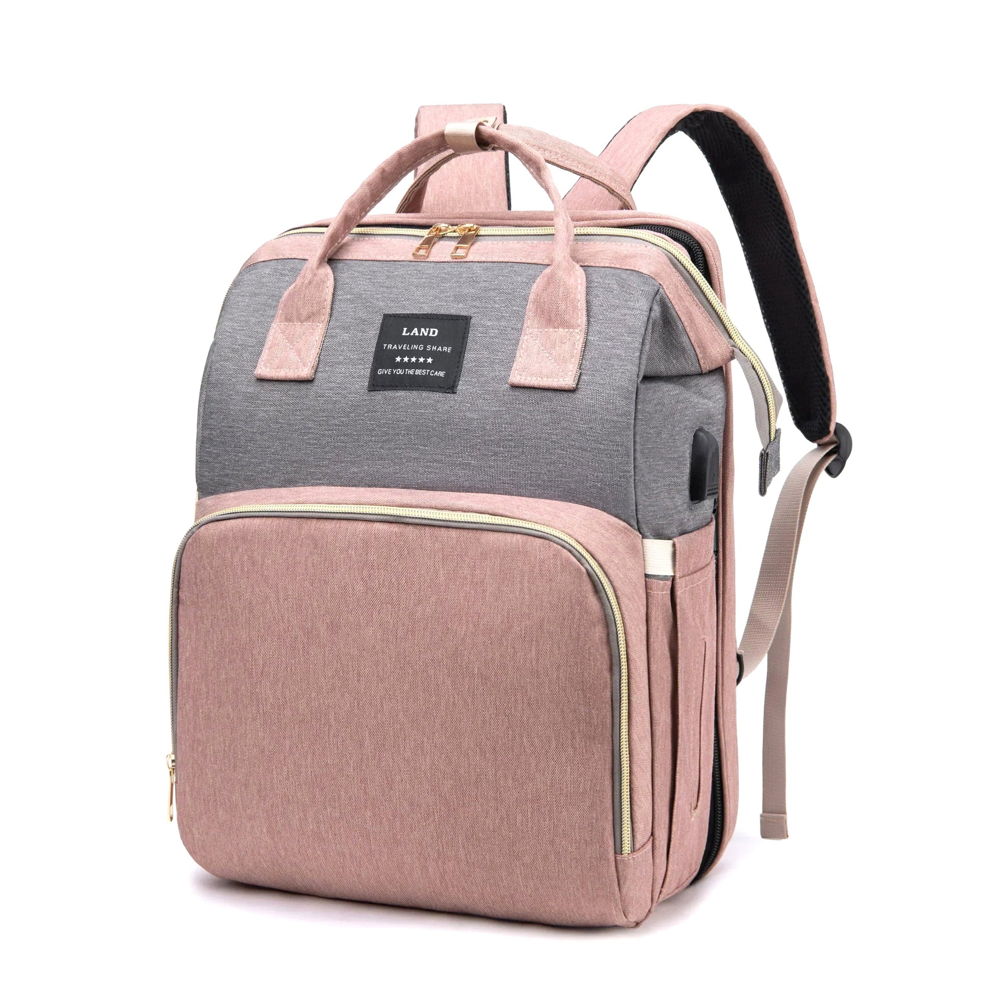 Nimbus Tote Diaper Backpack in pink and gray, shown from the front view. Features organized storage and durable fabric, ideal for baby essentials and travel.