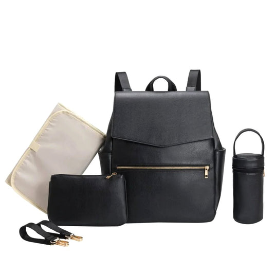 A black diaper backpack set displayed on a white background, featuring the main backpack, an insulated bottle holder, a small accessory pouch, a beige changing pad, and black stroller straps.