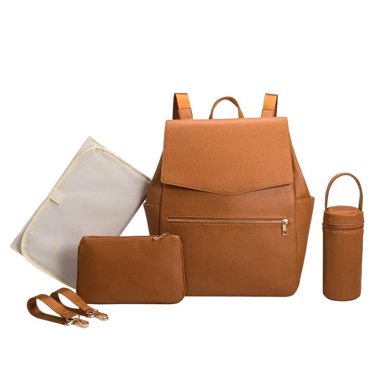 A complete brown Wanderlust Essentials diaper backpack set displayed on a white background. The set includes a stylish brown diaper backpack, an insulated bottle holder, a small zippered pouch, a foldable changing mat, and two stroller attachment straps.