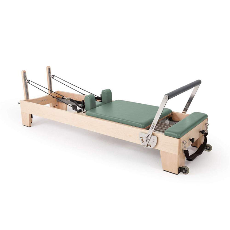 Elina Pilates Elite Wood Reformer in green upholstery